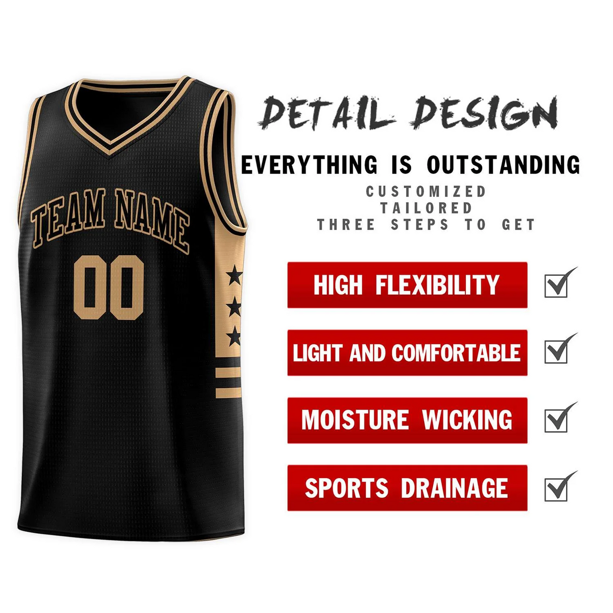 Custom Black Old Gold Personalized Star Pattern Sports  Basketball Jersey