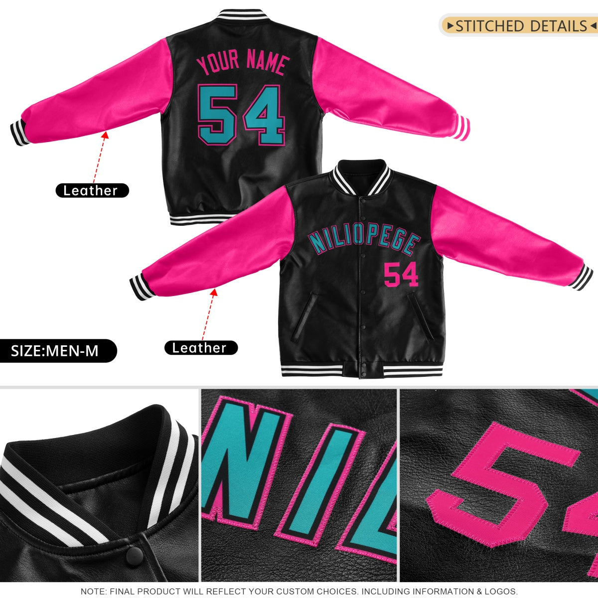 Custom Red Black Raglan Sleeves Full-Snap Varsity Faux Leather Letterman Jacket