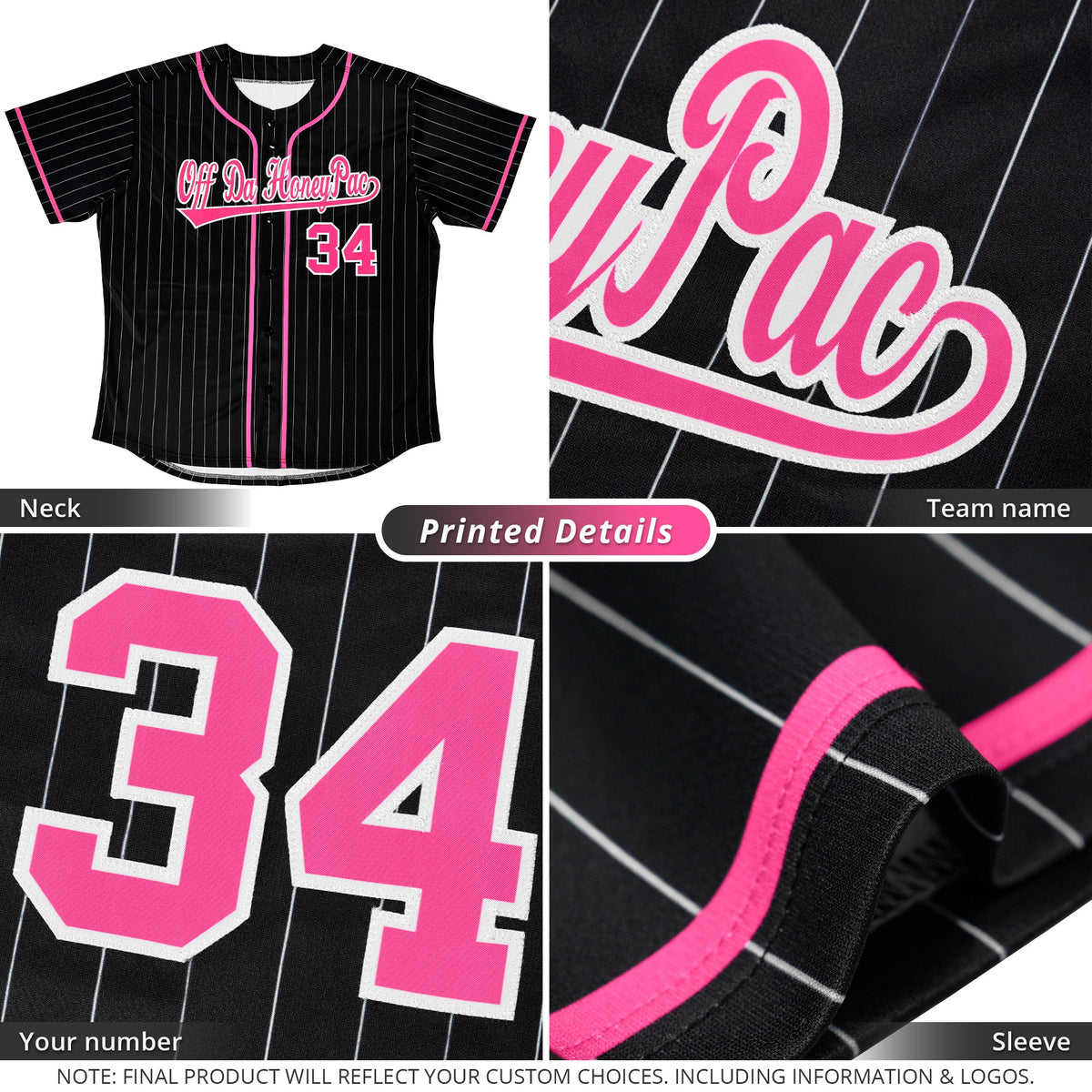 Custom Black Pink-Light Gray Stripe Fashion Design Full Button Authentic Baseball Jersey