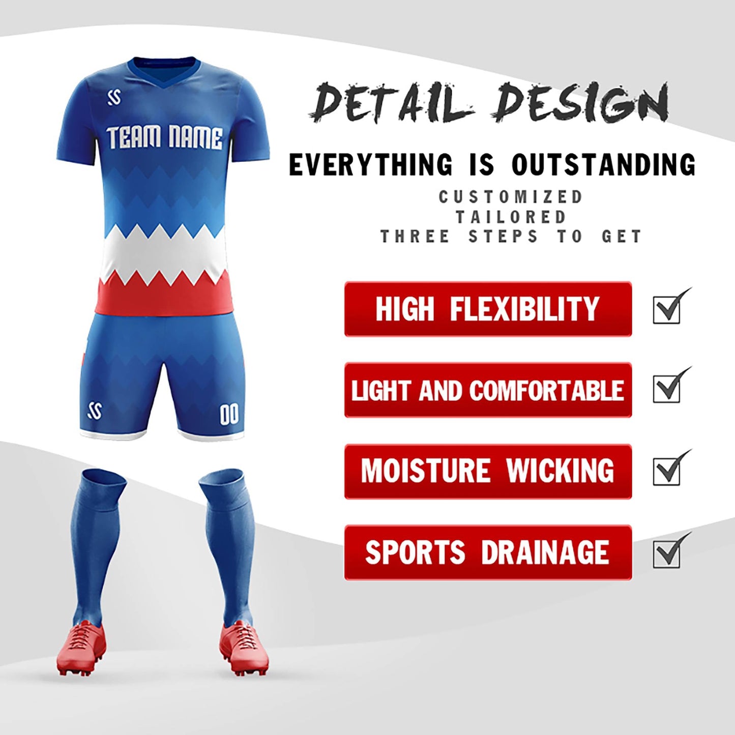 Custom Royal White Casual Printing Sportswear Soccer Sets Jersey