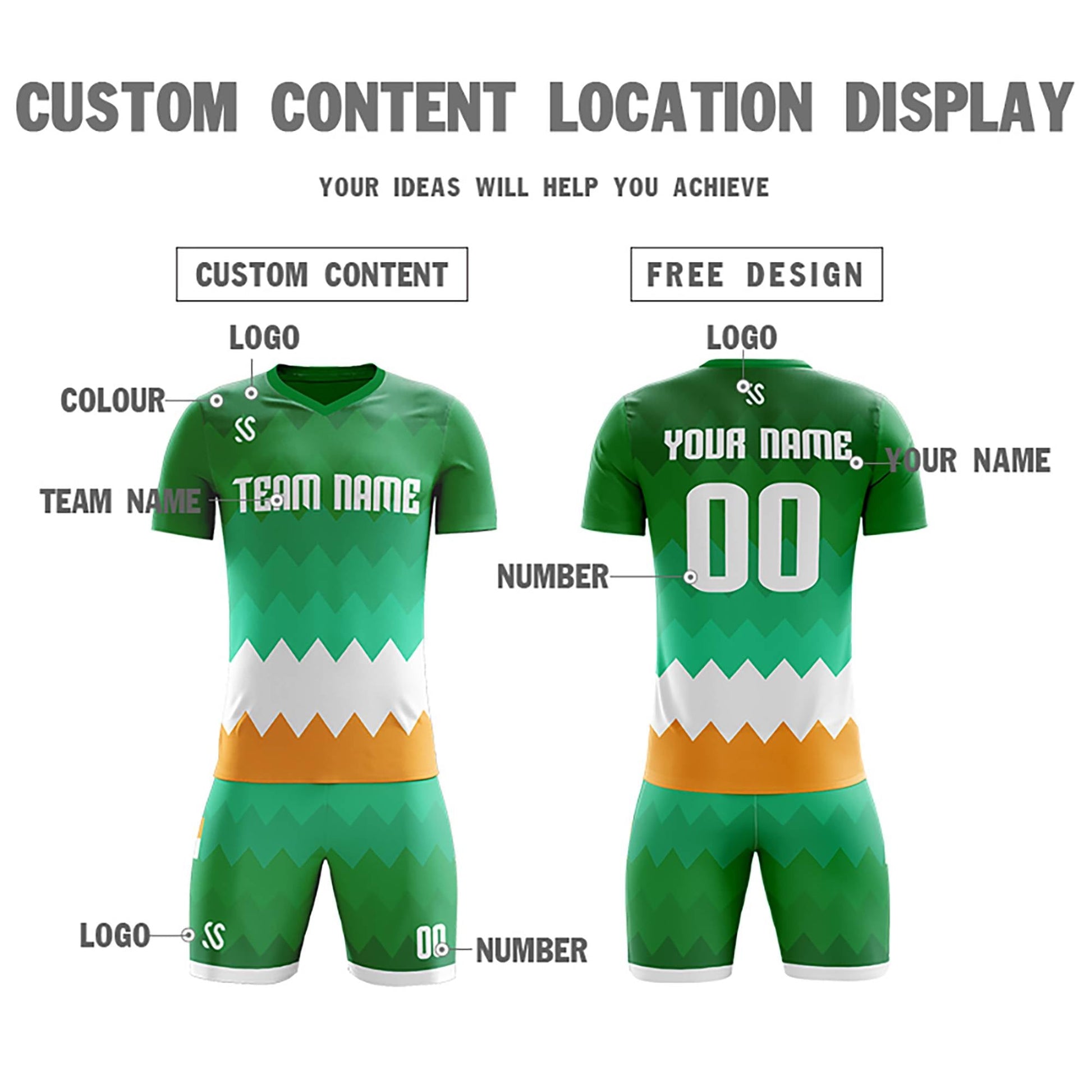 Custom Green White Casual Printing Sportswear Soccer Sets Jersey