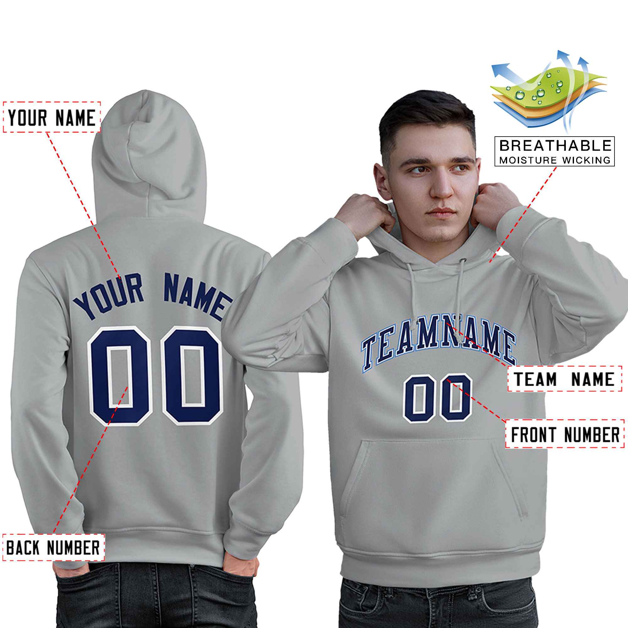 Custom Gray Light Blue-Navy Classic Style Personalized Sport Pullover Hoodie