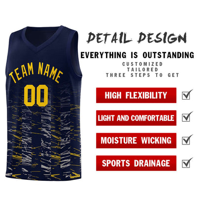Custom Navy Gold Personalized Scratches Pattern Sports Uniform Basketball Jersey