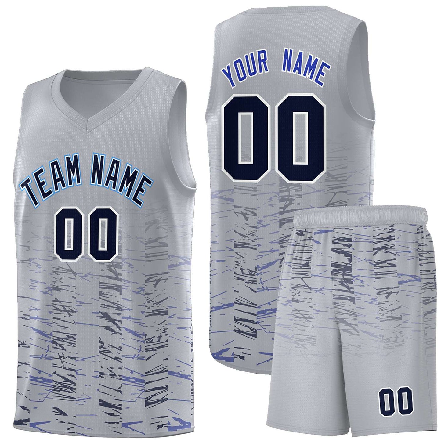 Custom Gray Navy Personalized Scratches Pattern Sports Uniform Basketball Jersey