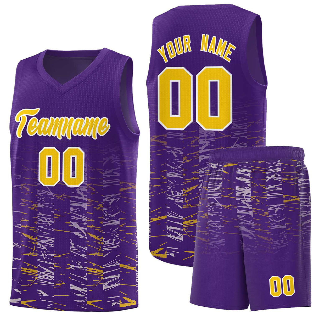 Custom Purple Gold Personalized Scratches Pattern Sports Uniform Basketball Jersey