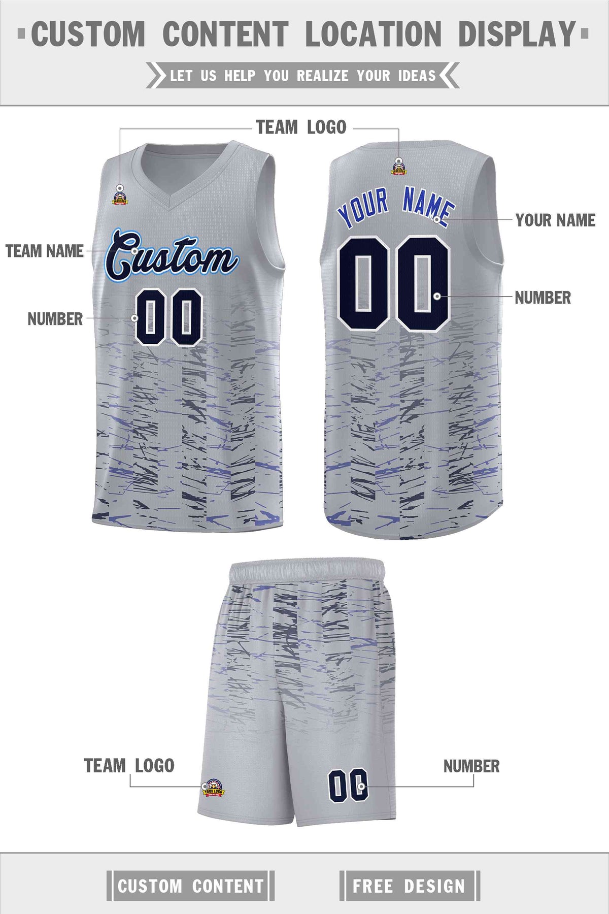 Custom Gray Navy Personalized Scratches Pattern Sports Uniform Basketball Jersey