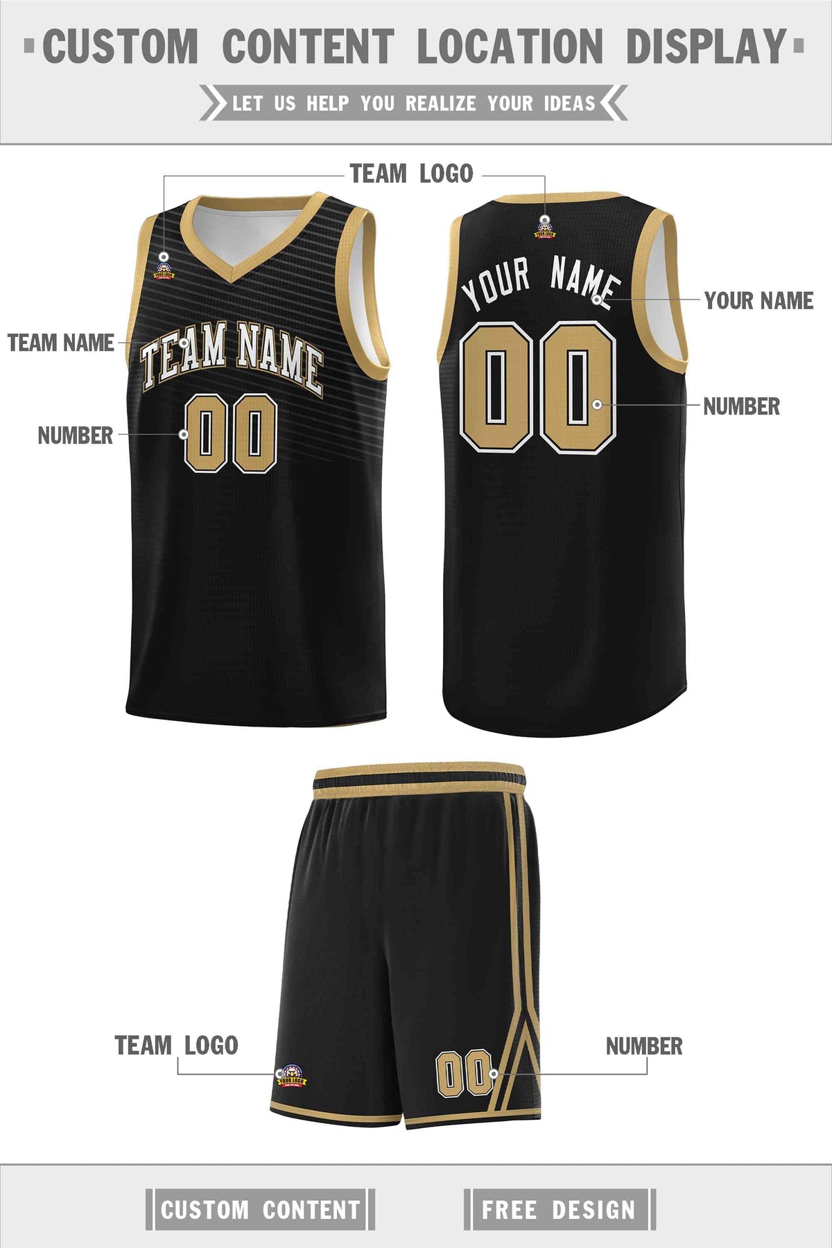 Custom Black Old Gold Chest Slash Patttern Sports Uniform Basketball Jersey