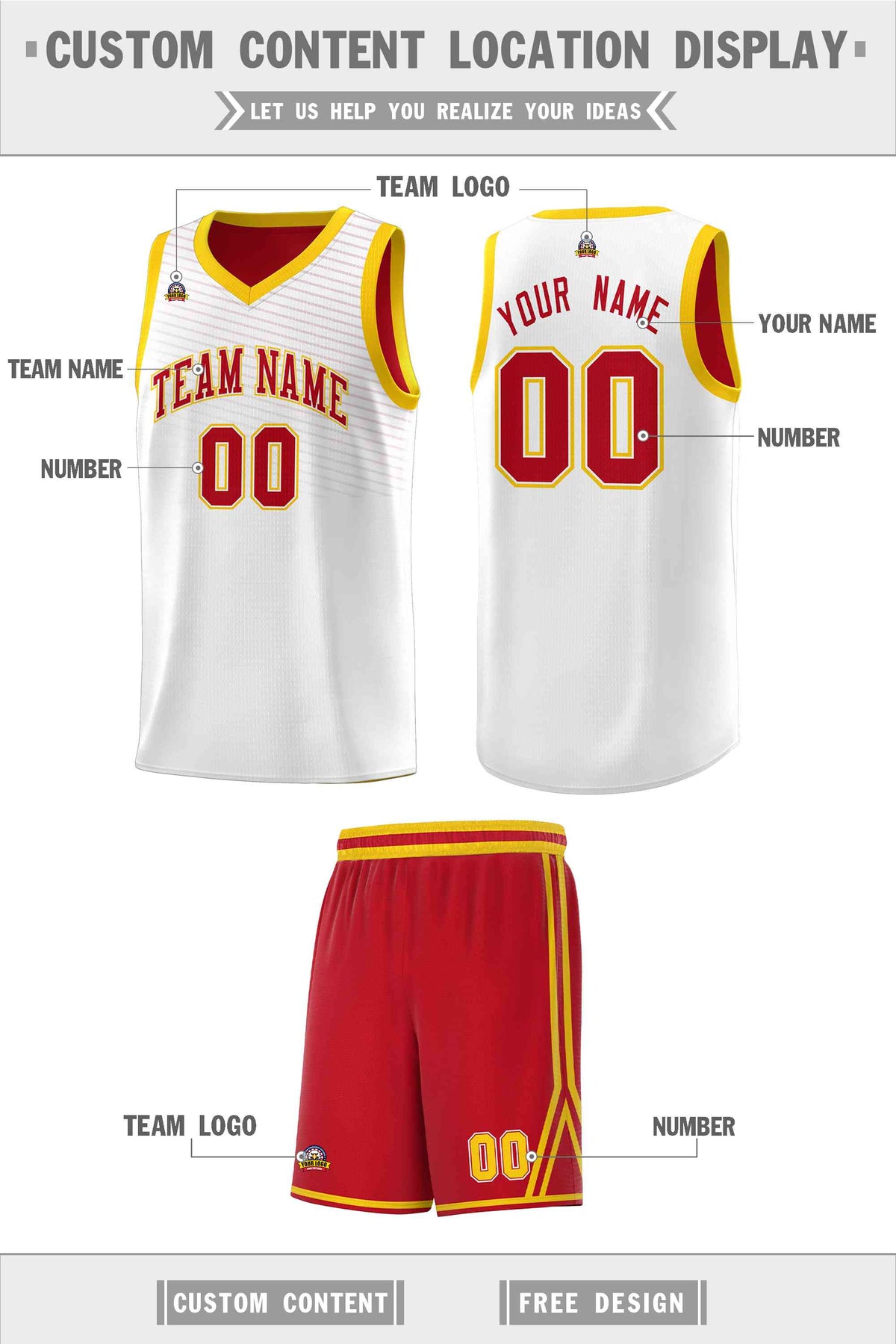 Custom White Red Chest Slash Patttern Sports Uniform Basketball Jersey