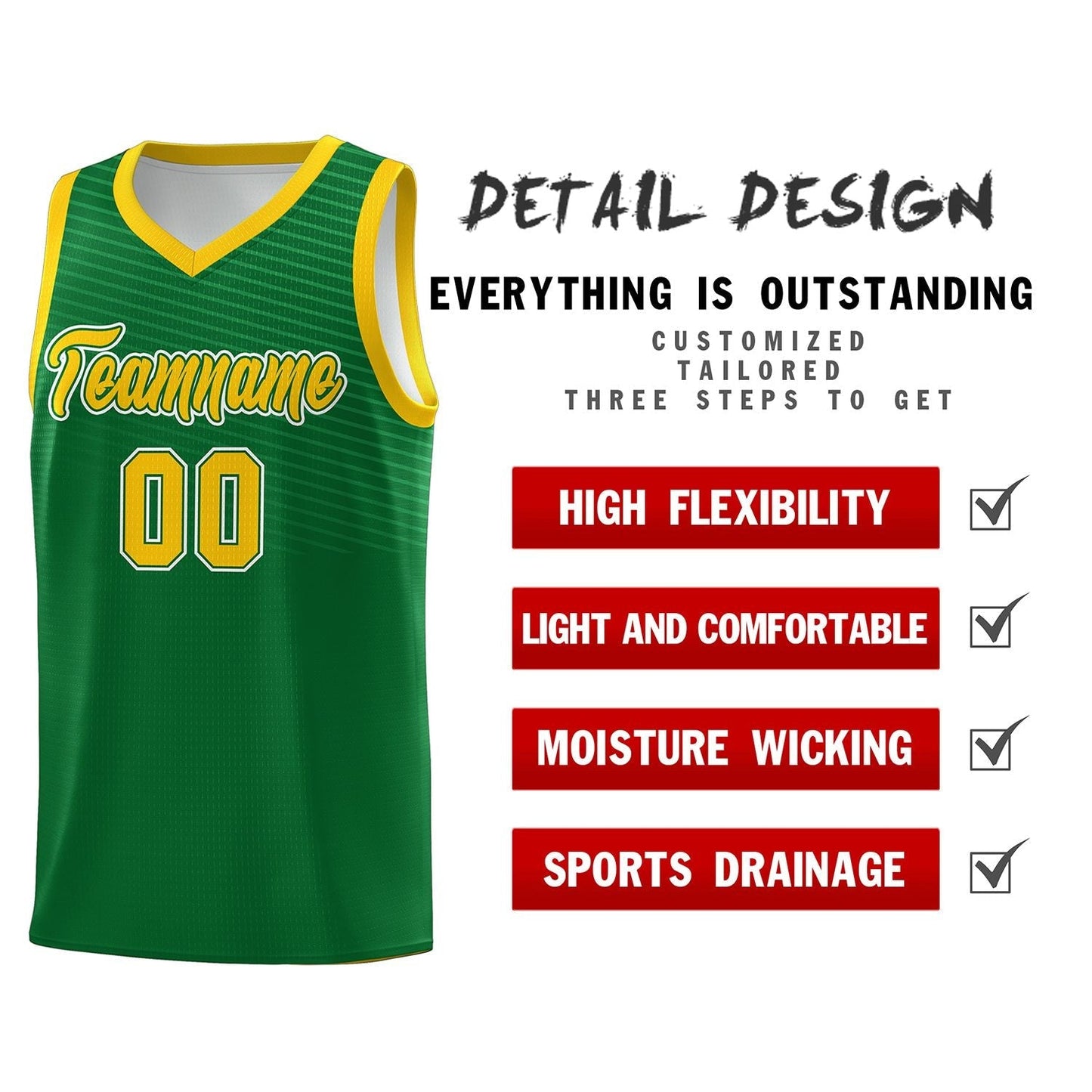 Custom Kelly Green Gold Chest Slash Patttern Sports Uniform Basketball Jersey