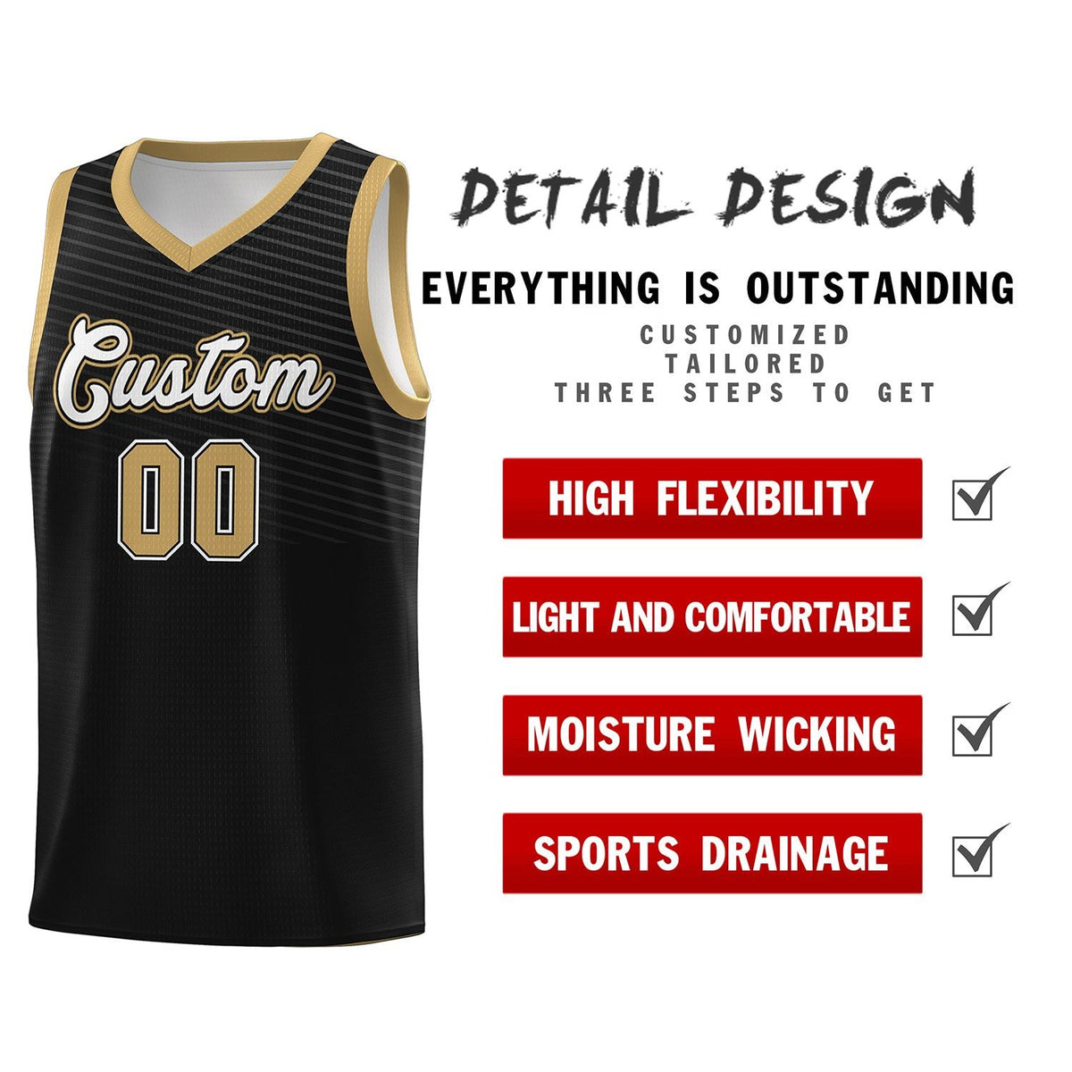 Custom Black Old Gold Chest Slash Patttern Sports Uniform Basketball Jersey
