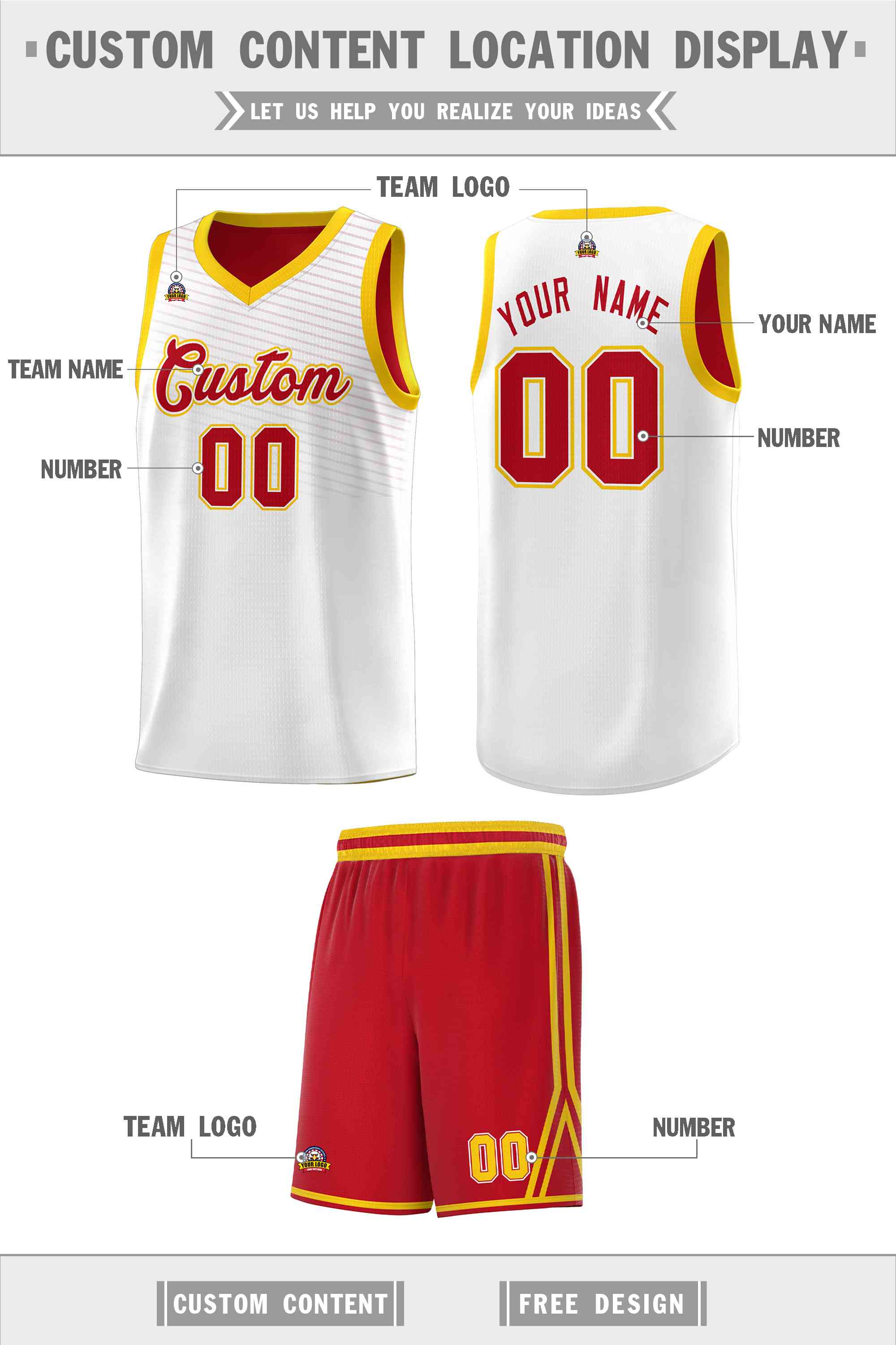 Custom White Red Chest Slash Patttern Sports Uniform Basketball Jersey