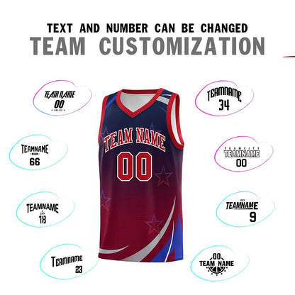 Custom Navy Crimson Gradient Star Graffiti Pattern Sports Uniform Basketball Jersey