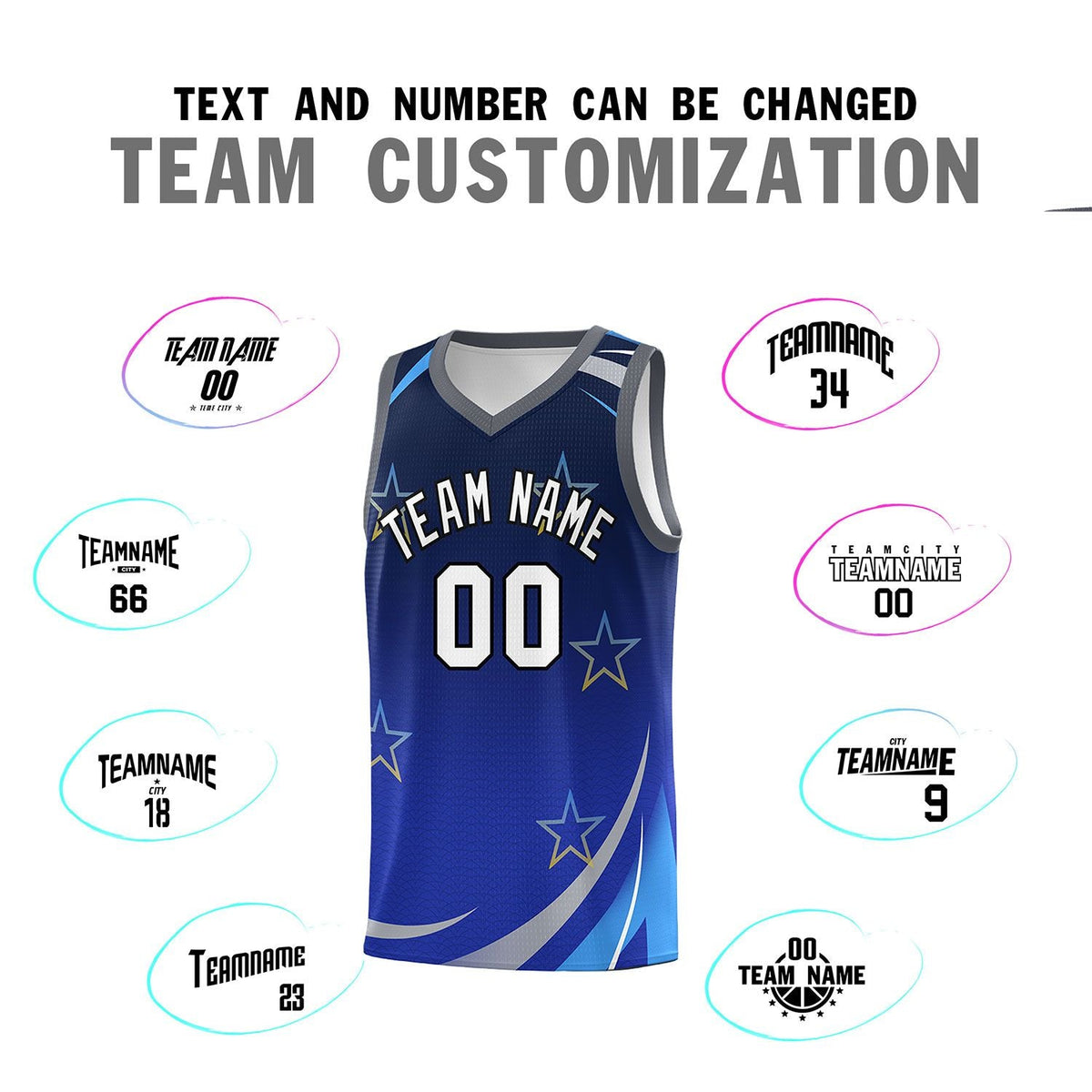 Custom Navy Royal Gradient Star Graffiti Pattern Sports Uniform Basketball Jersey