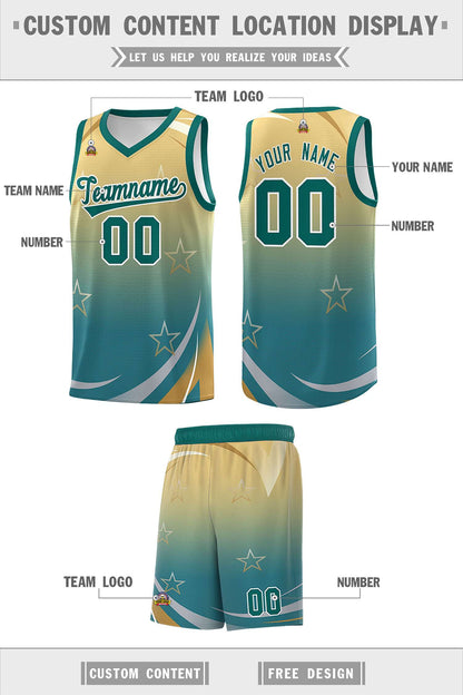 Custom Khaki Aqua Gradient Star Graffiti Pattern Sports Uniform Basketball Jersey