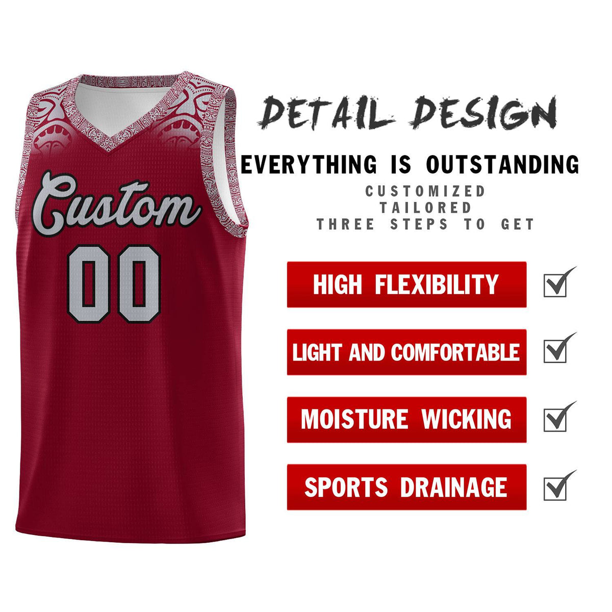 Custom Crimson Gray Personalized Indians Print Sets Sports Uniform Basketball Jersey