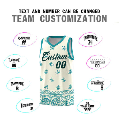 Custom White Aqua Personalized Cashew Pattern Sports Uniform Basketball Jersey