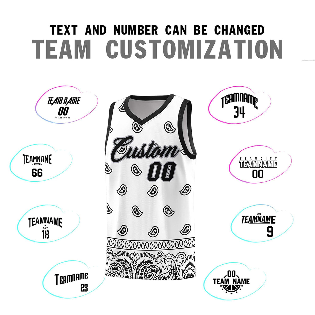 Custom White Black Personalized Cashew Pattern Sports Uniform Basketball Jersey