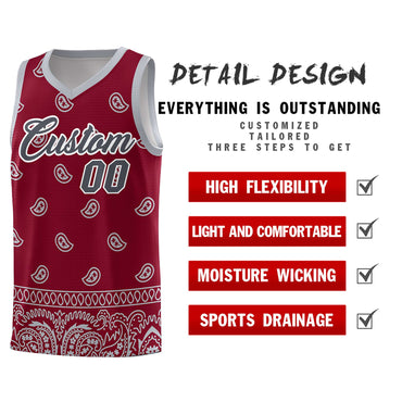 Custom Crimson Gray Personalized Cashew Pattern Sports Uniform Basketball Jersey