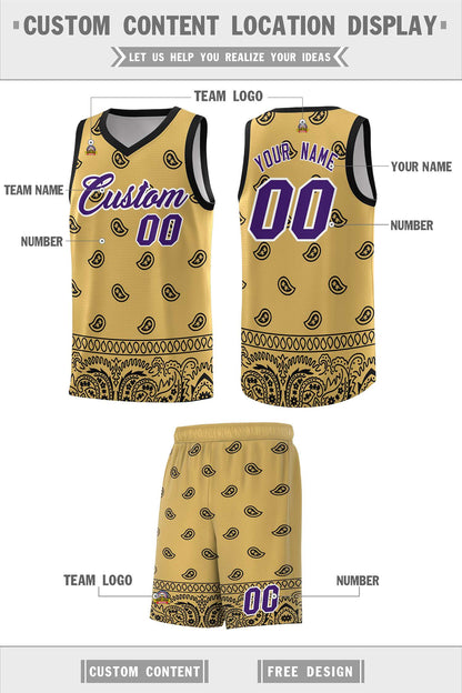 Custom Old Gold Black Personalized Cashew Pattern Sports Uniform Basketball Jersey