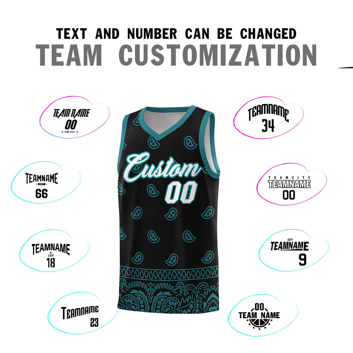 Custom Black Aqua Personalized Cashew Pattern Sports Uniform Basketball Jersey