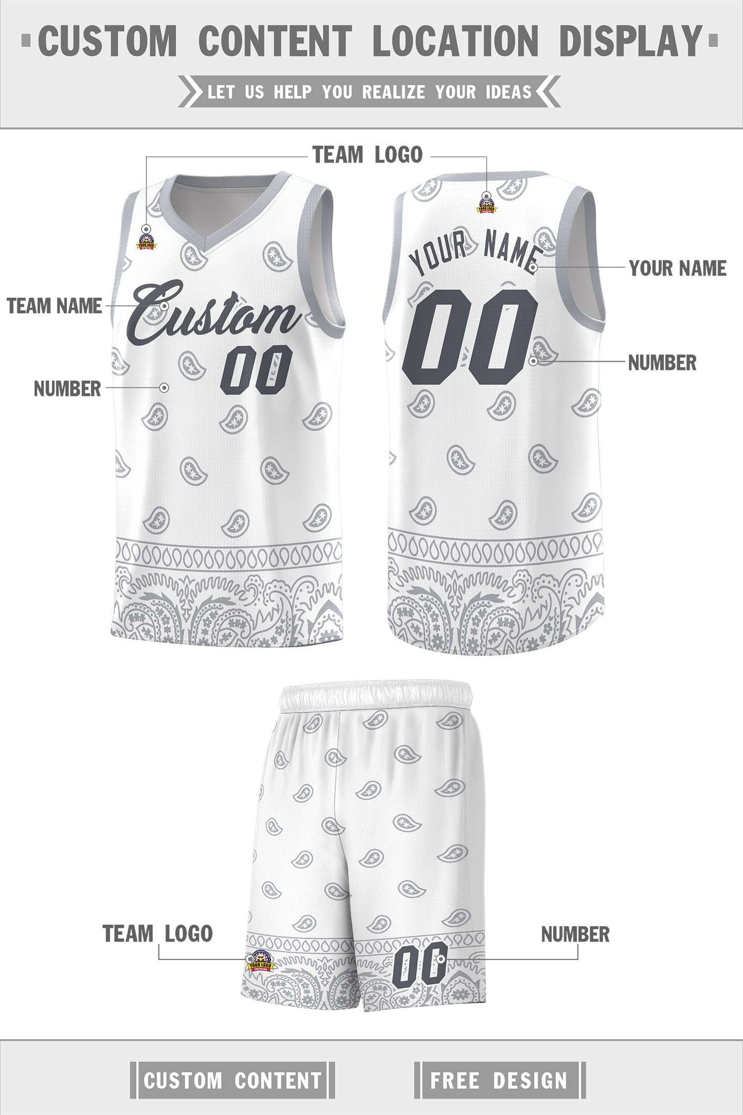 Custom White Gray Personalized Cashew Pattern Sports Uniform Basketball Jersey