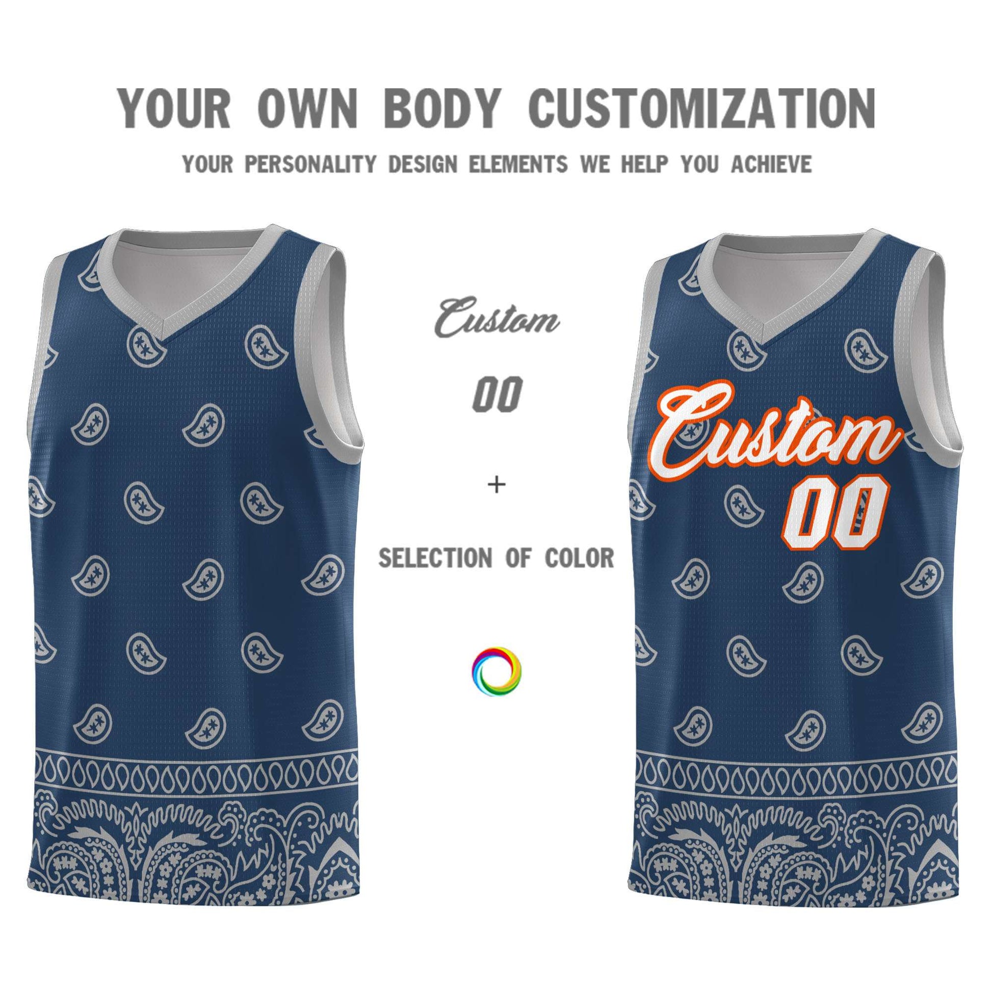 Custom Midnight Blue Gray Personalized Cashew Pattern Sports Uniform Basketball Jersey