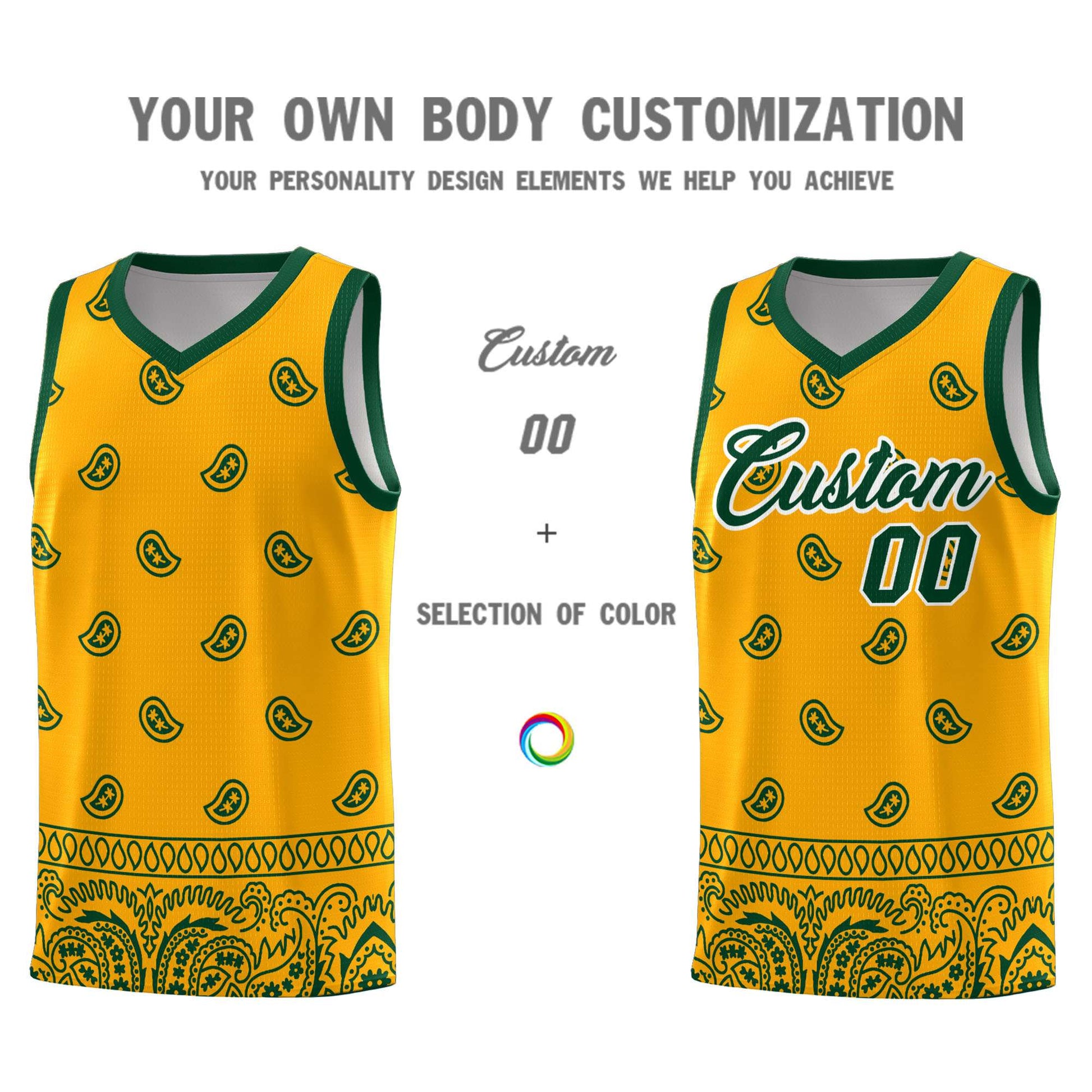Custom Yellow Green Personalized Cashew Pattern Sports Uniform Basketball Jersey