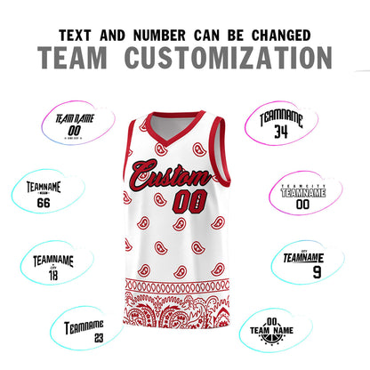 Custom White Red Personalized Cashew Pattern Sports Uniform Basketball Jersey