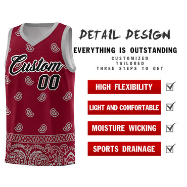 Custom Crimson Gray Personalized Cashew Pattern Sports Uniform Basketball Jersey