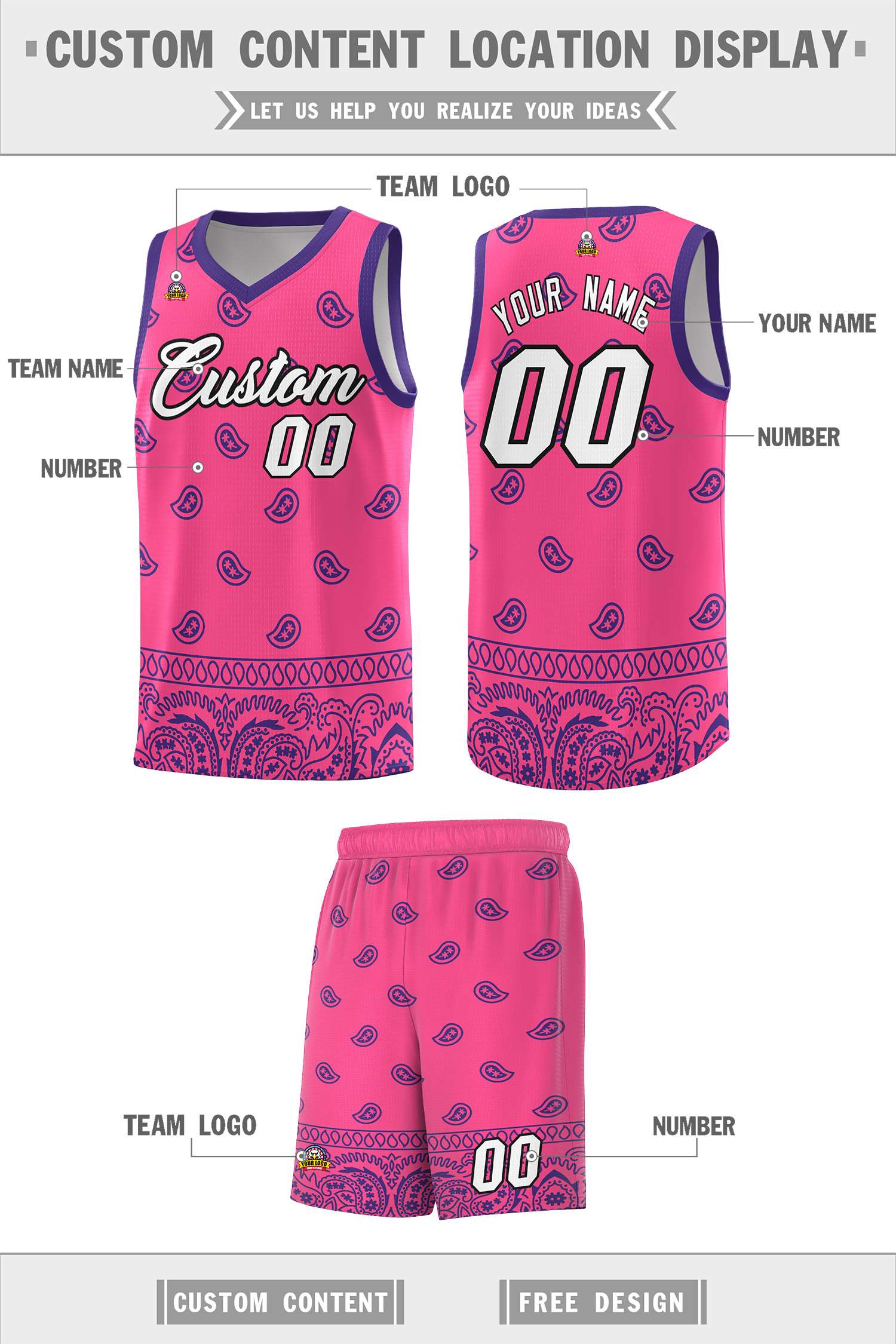 Custom Pink Purple Personalized Cashew Pattern Sports Uniform Basketball Jersey