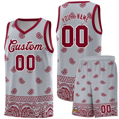 Custom Gray Crimson Personalized Cashew Pattern Sports Uniform Basketball Jersey