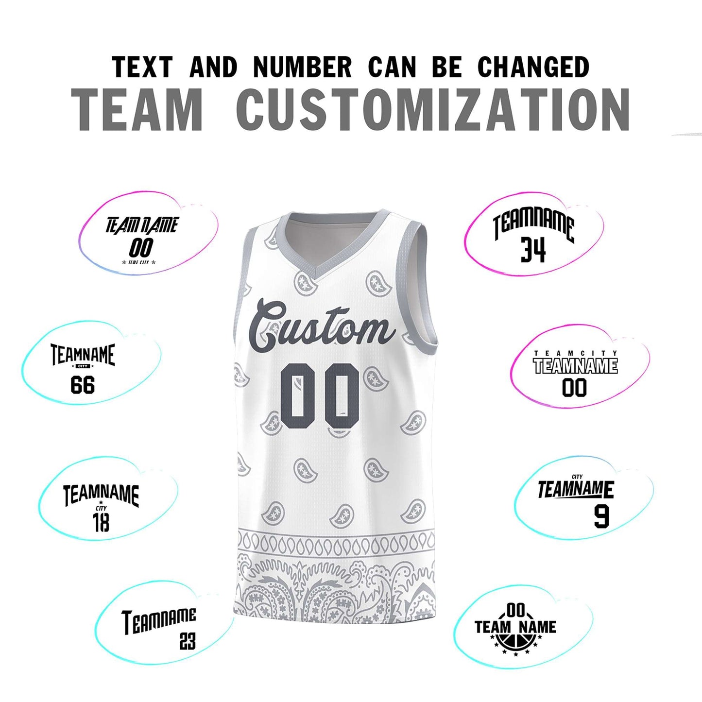 Custom White Gray Personalized Cashew Pattern Sports Uniform Basketball Jersey