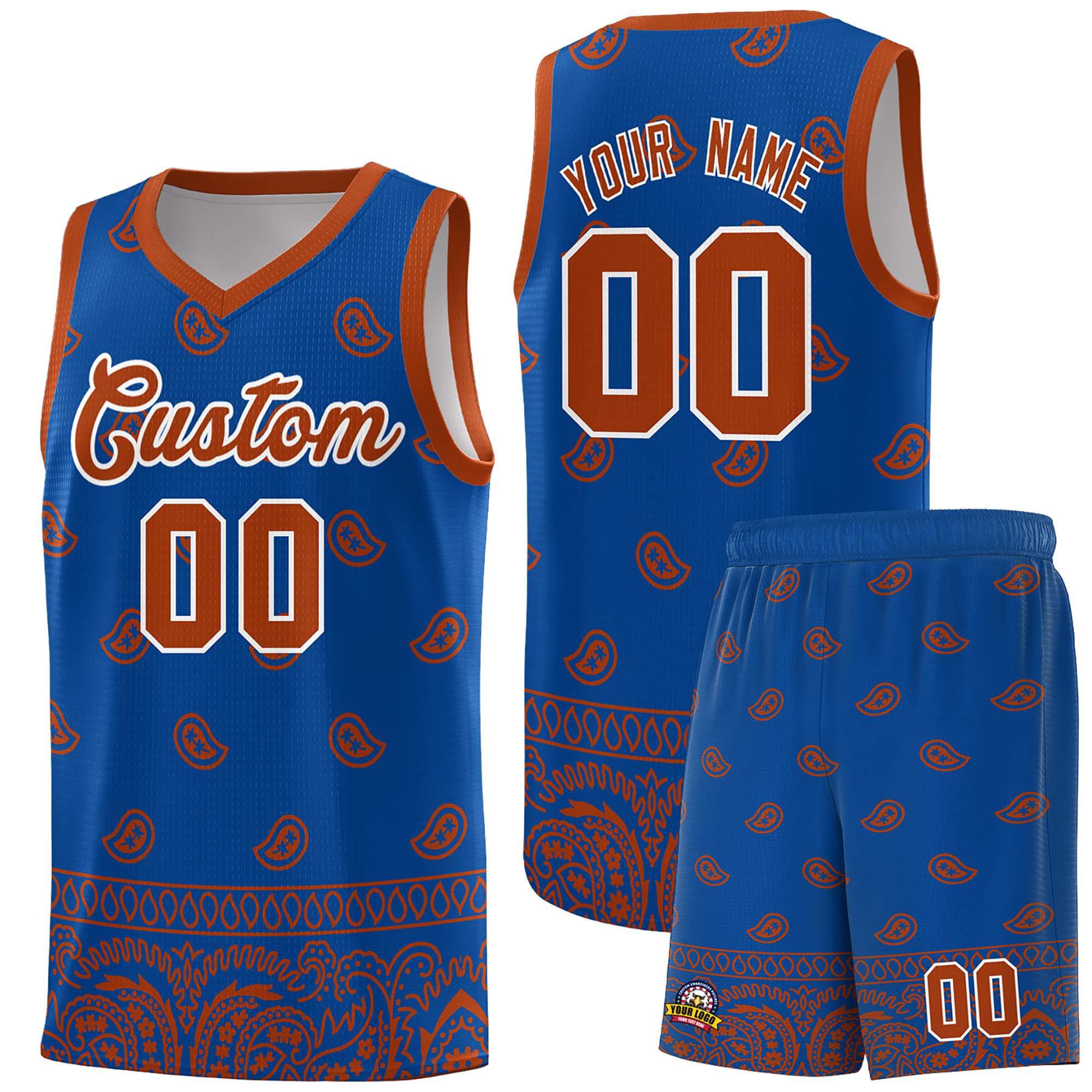 Custom Royal Texas Orange Personalized Cashew Pattern Sports Uniform Basketball Jersey