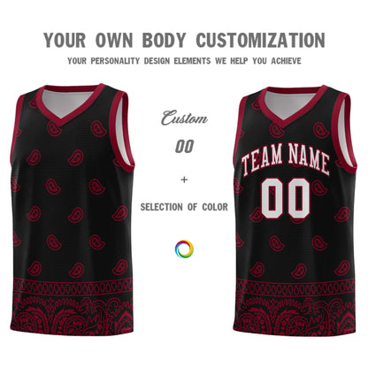 Custom Black Crimson Personalized Cashew Pattern Sports Uniform Basketball Jersey