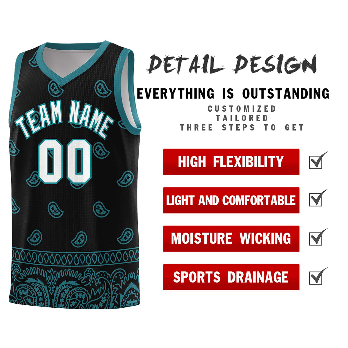 Custom Black Aqua Personalized Cashew Pattern Sports Uniform Basketball Jersey
