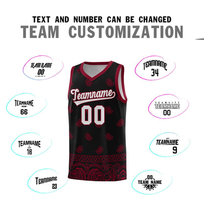 Custom Black Crimson Personalized Cashew Pattern Sports Uniform Basketball Jersey