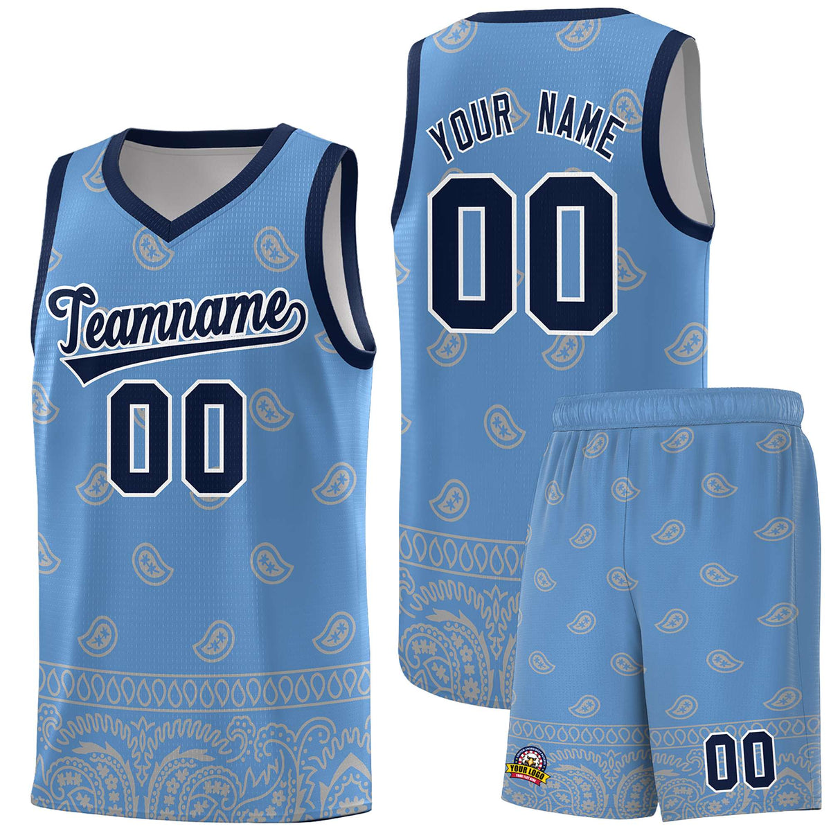 Custom Light Blue Gray Personalized Cashew Pattern Sports Uniform Basketball Jersey