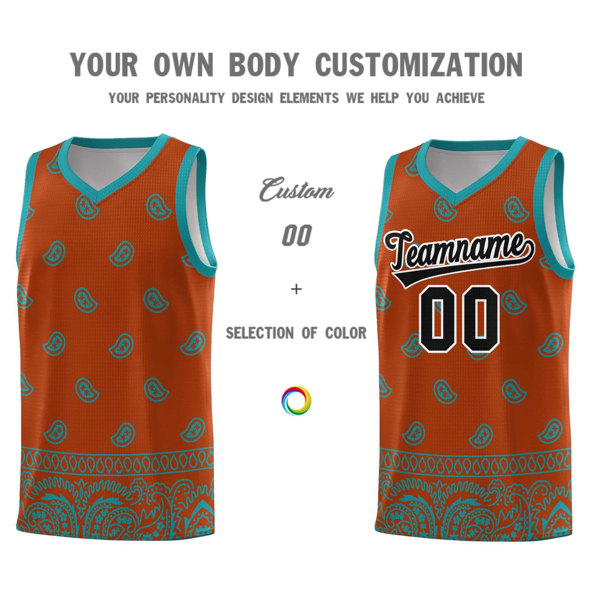 Custom Texas Orange Aqua Personalized Cashew Pattern Sports Uniform Basketball Jersey
