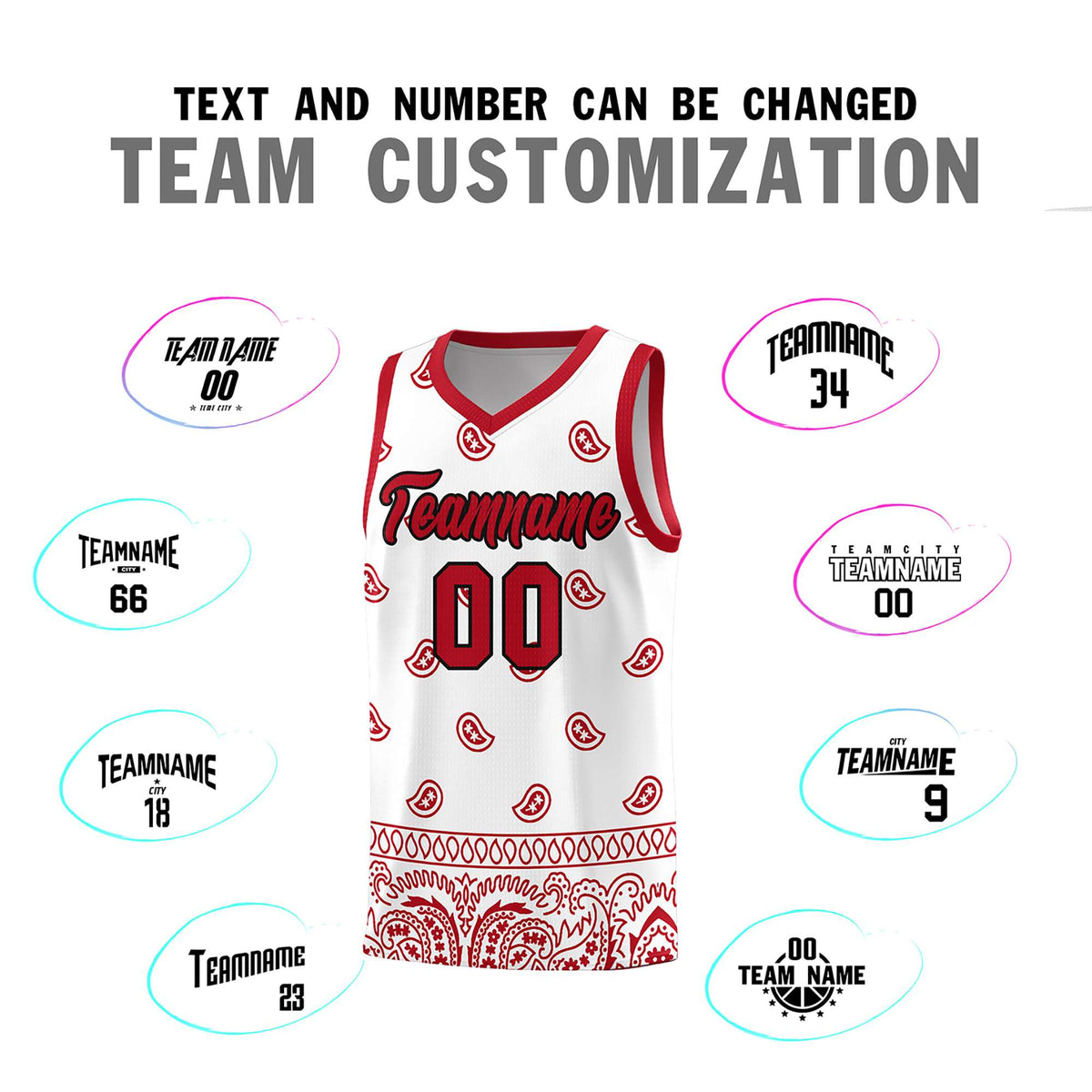 Custom White Red Personalized Cashew Pattern Sports Uniform Basketball Jersey