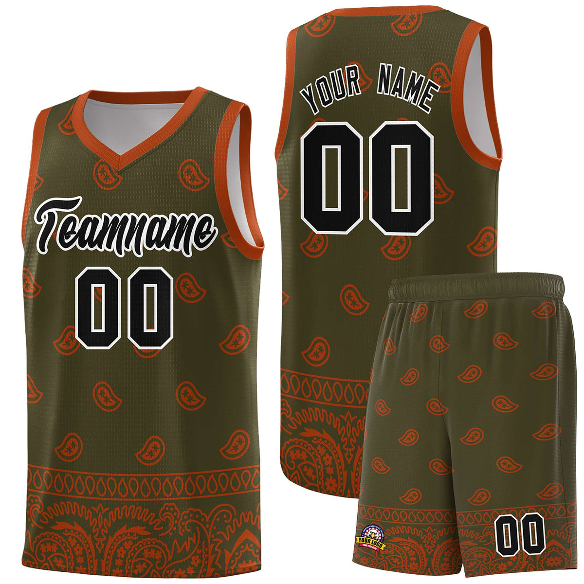 Custom Olive Texas Orange Personalized Cashew Pattern Sports Uniform Basketball Jersey