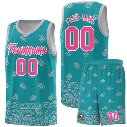 Custom Aqua Gray Personalized Cashew Pattern Sports Uniform Basketball Jersey