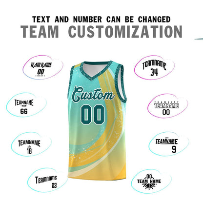 Custom Aqua Gold Personalized Galaxy Graffiti Pattern Sports Uniform Basketball Jersey