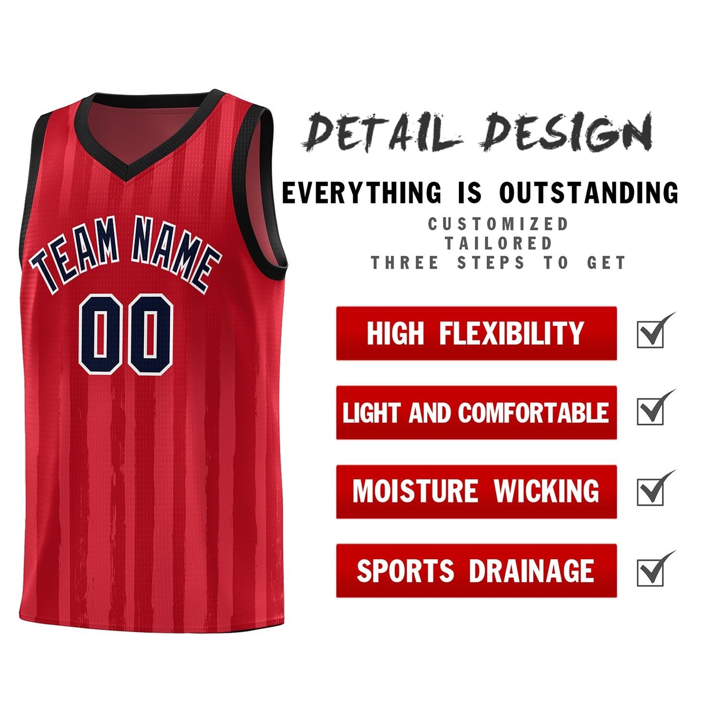 Custom Red Black Vertical Striped Pattern Sports Uniform Basketball Jersey