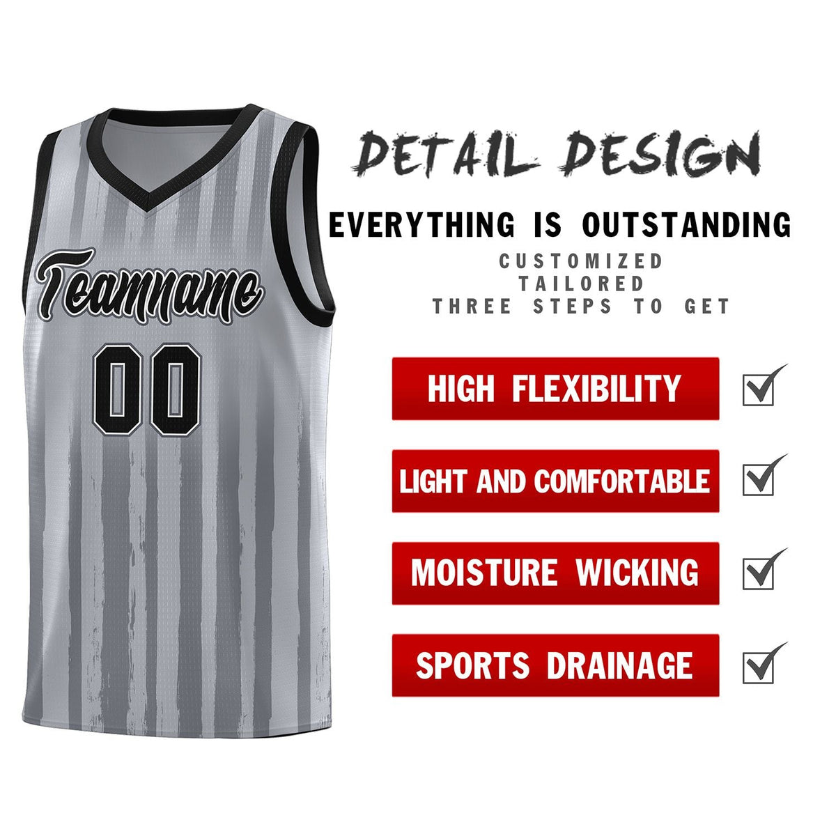 Custom Gray Black Vertical Striped Pattern Sports Uniform Basketball Jersey