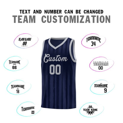 Custom Navy Gray Vertical Striped Pattern Sports Uniform Basketball Jersey