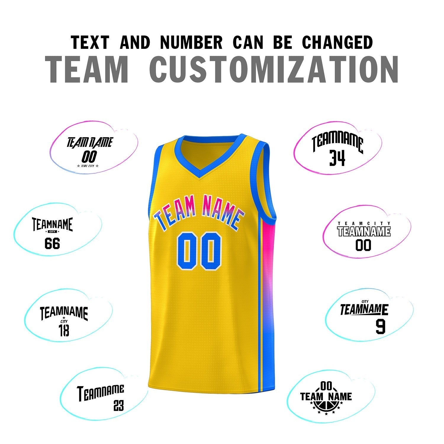 Custom Gold Light Blue-Pink Gradient Fashion Sports Uniform Basketball Jersey