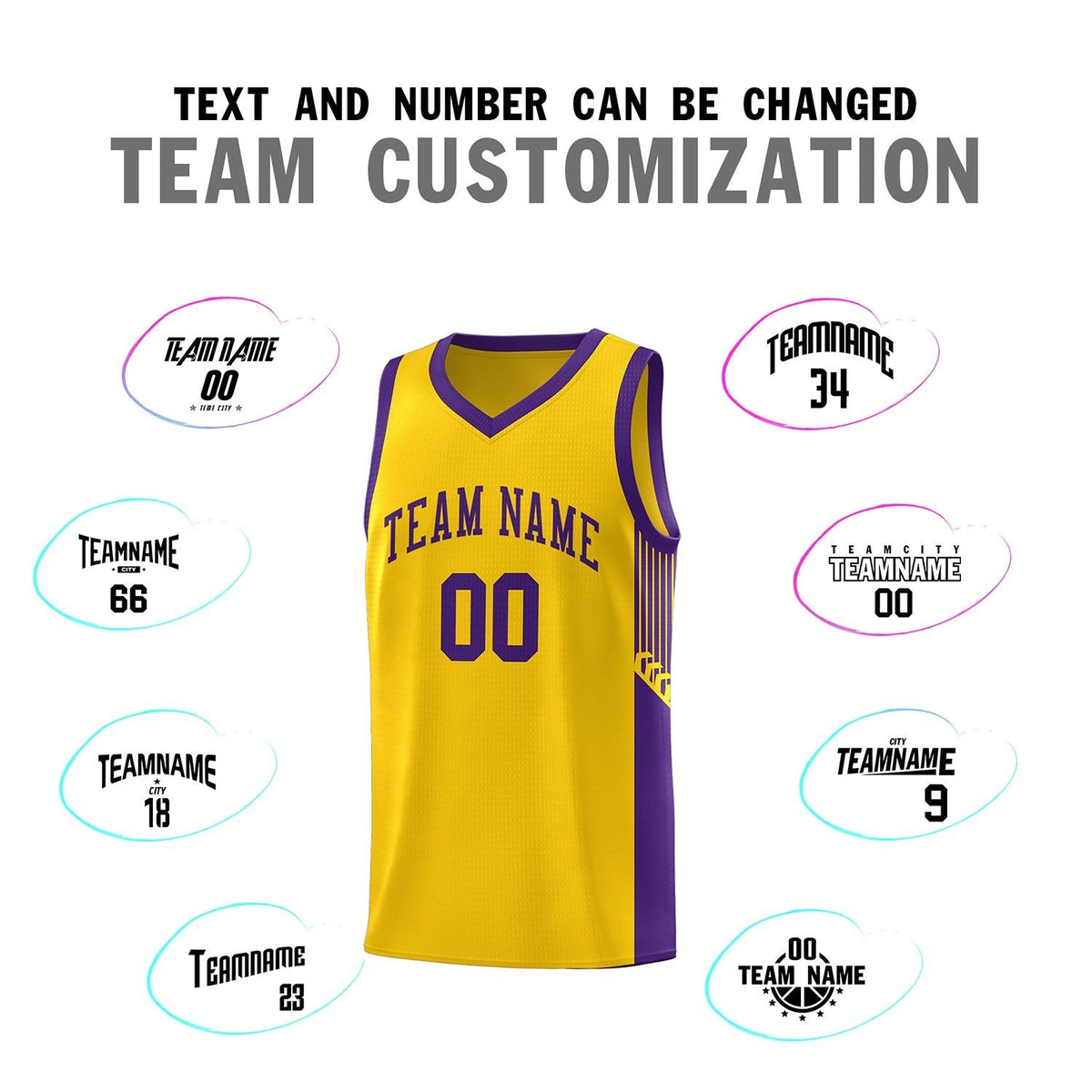 Custom Gold Purple Side Stripe Fashion Sports Uniform Basketball Jersey