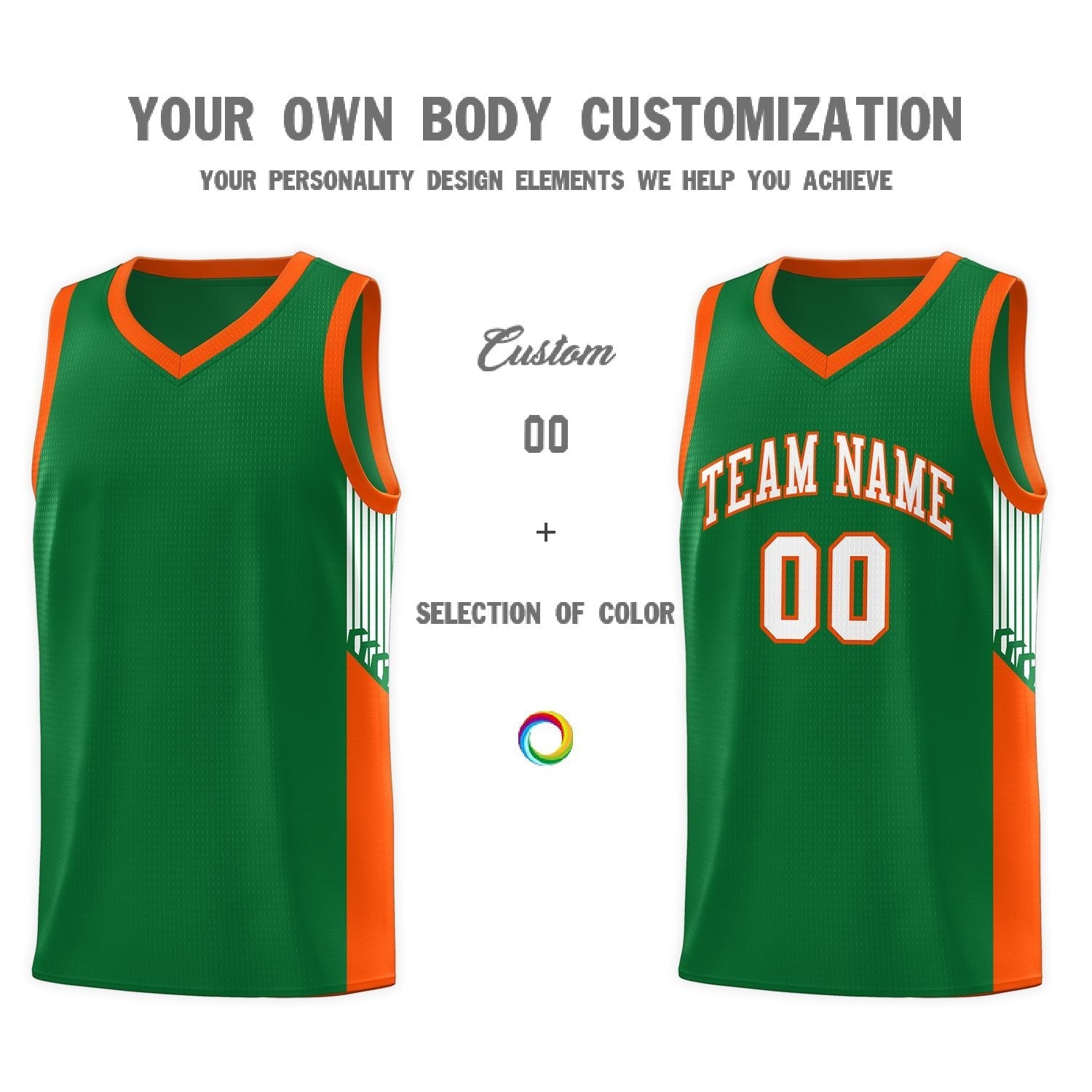 Custom Kelly Green White-Orange Side Stripe Fashion Sports Uniform Basketball Jersey