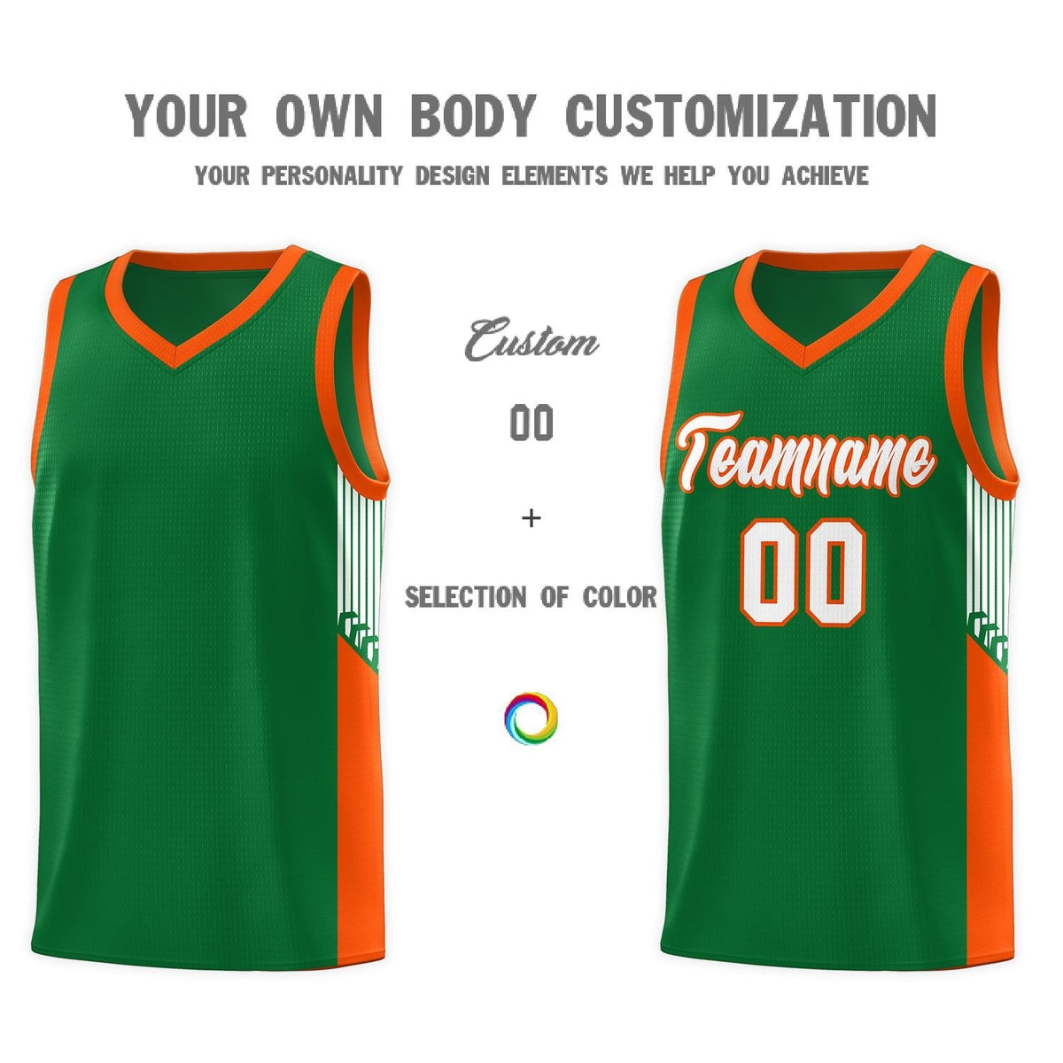 Custom Kelly Green White-Orange Side Stripe Fashion Sports Uniform Basketball Jersey