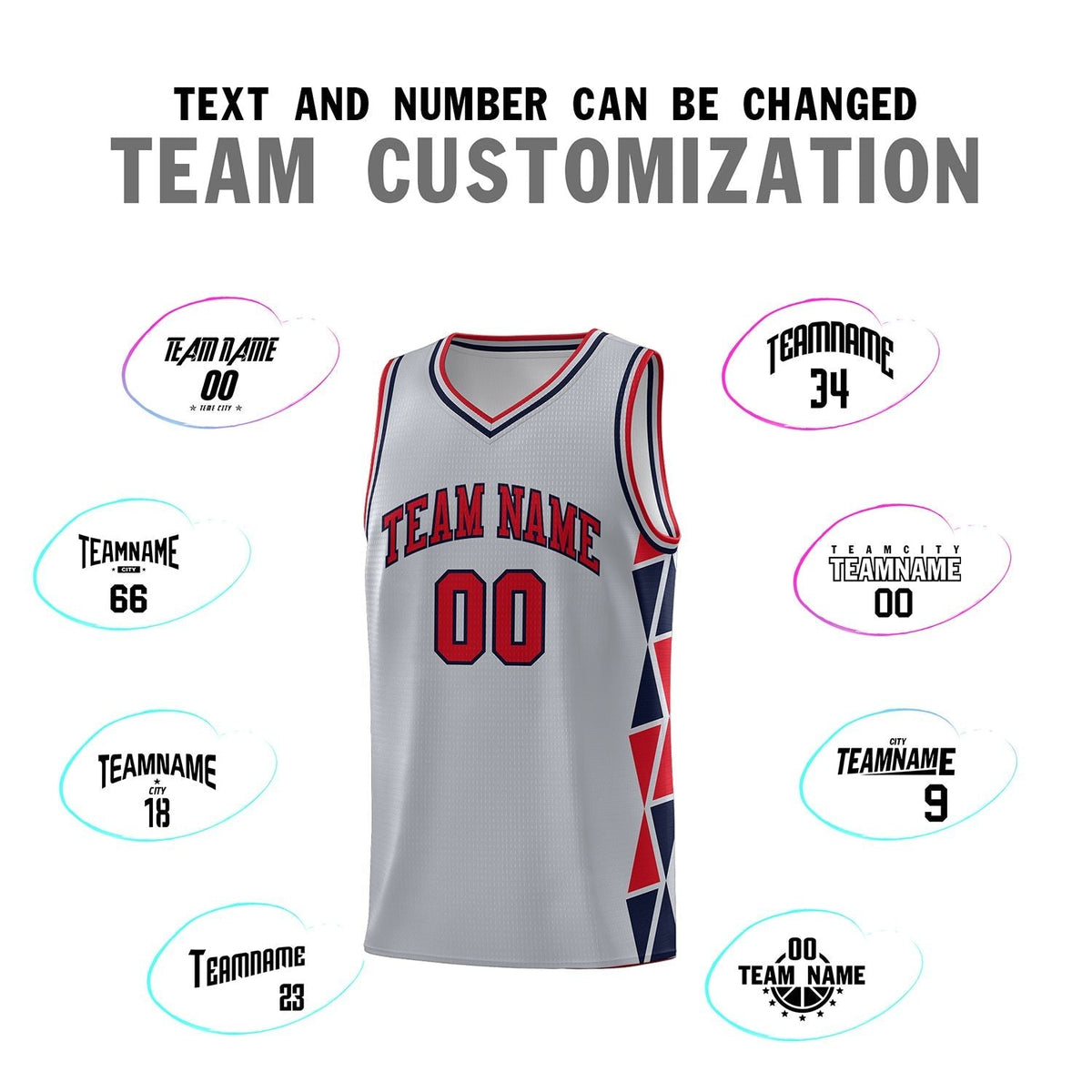 Custom Gray Red-Navy Side Two-Color Triangle Splicing Sports Uniform Basketball Jersey